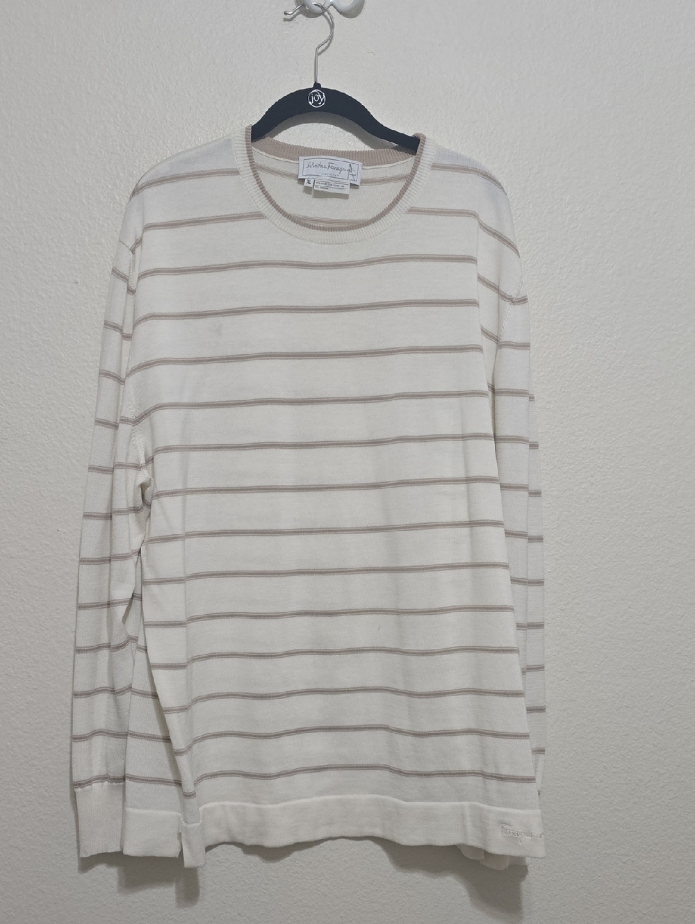 Salvatore Ferragamo Cream Striped Cotton Crewneck Sweater XL